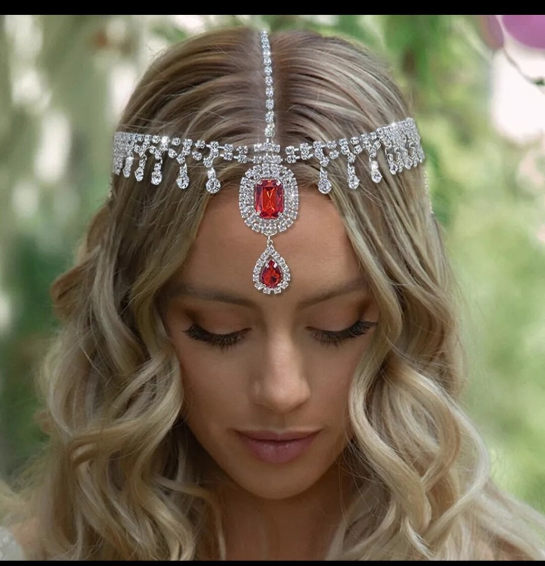 StoneFans Bohemian Rhinestone Headpiece - Indian Crystal Water Drop Tikka Forehead Chain Jewelry