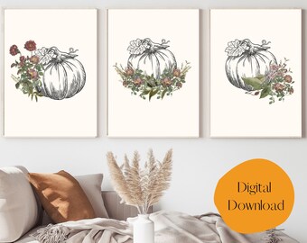 Set of 3 Fall Pumpkin Wall Decor Prints | Vintage floral Autumn Decoration Digital Download Printable