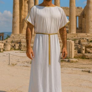 Men’s Ancient Greek Toga Costume White Robe with Gold Trim, Belt Laurel Crown  Historical SpartanRoman Tunic for Theatre, Festivals &