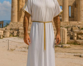 Men's Ancient Greek Toga Costume, Gold Trim, Laurel Crown