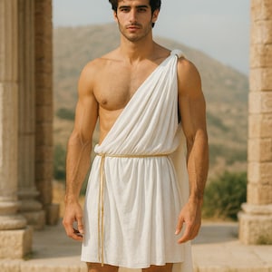 Personalized Greek toga costume for men with gold laurel crown arm and leg wraps Roman gladiator outfit ancient God cosplay festival