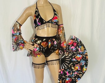 Sequin Flower Rave Outfit, Festival Queen, Bell Sleeves, Arm Warmers