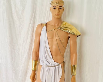 Men’s  Ancient Greek God  Toga. Open Breast Gold Loin Cloth shoulder Drape Gauntlets Harness Halloween Costume