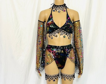 Fire Stars and Moons Galaxy Celestial Rave  Festival Outfit Pieces Sold Separately Shrug Bell Bottoms Arm Warmers