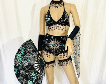 Stars and Moons Galaxy Celestial Rave  Festival Outfit Pieces Sold Separately Shrug Bell Bottoms Arm Warmers