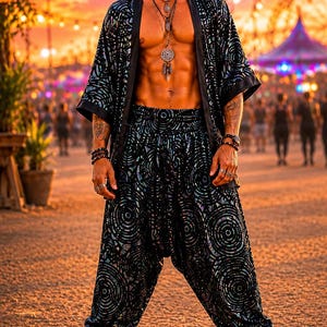 May include: A black kimono-style jacket and matching loose-fitting trousers featuring a reflective, iridescent circular pattern. The outfit is paired with black lace-up combat boots, layered pendant necklaces, and beaded bracelets on both wrists.