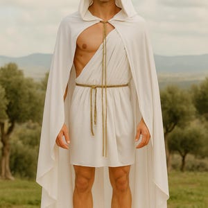Op de afbeelding: Een witte cape met capuchon en tuniek ensemble. De outfit heeft een gedrapeerd ontwerp, een goudkleurige touwriem en een bijpassende hals sluiting. Het model draagt een goudkleurige kroon. De outfit doet denken aan oude Griekse of Romeinse kleding.
