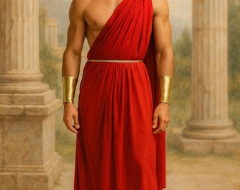 May include: A man in a red toga, gold arm cuffs, and a laurel wreath. The toga is draped over one shoulder and secured with a gold clasp. He wears brown sandals. The background features classical columns and a painted landscape.
