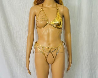 Cadena de oro Open Brest bikini top sin entrepierna O-ring tanga Lencería Toga Lencería Gorean Vestido de novia Vestido de novia Regalo de dama de honor Oro