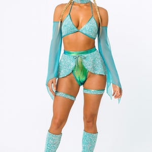 Rave  Festival Sequins Outfit for women Pieces Bell Bottoms Arm Warmers Garters
