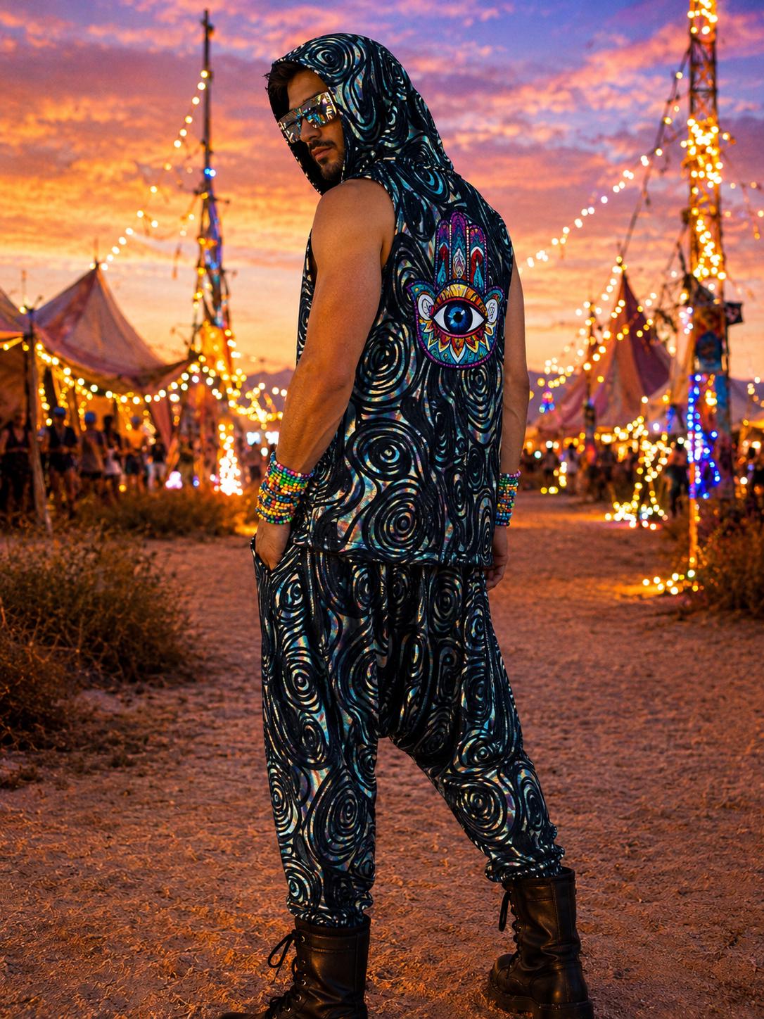 Sacred Rave Men’s Hooded Rave Festival Vest & Harem Pants Separates Festival, Dance ...