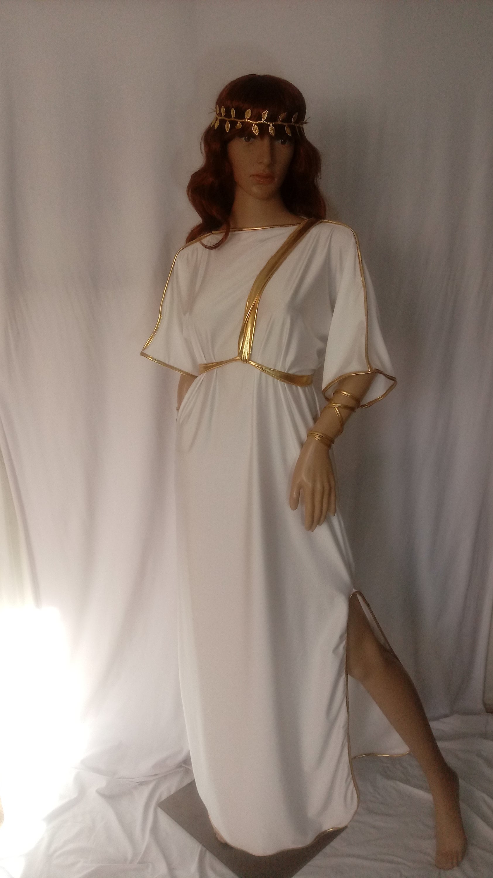 Greek Goddess Costume, Gold Trim Toga Dress, Laurel Crown
