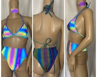 Rainbow And Reflective Two Piece Bikini. Rave Set Festival Clothes