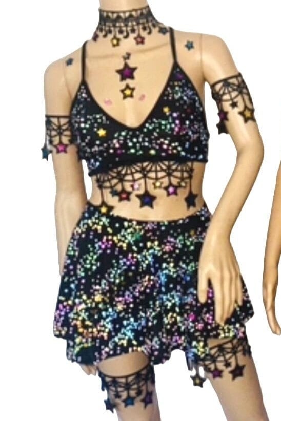 Reflective.Rave mini cheeky circle skirt  festival  outfit Leg Garters Party Top r Celestial Stars and Moons