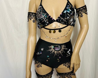 Stars and Moons Galaxy Celestial Rave  Festival Outfit Pieces Sold Separately Leg Garters Bikini