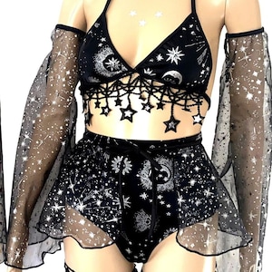 Stars and Moons Galaxy Celestial Rave  Festival Outfit for women Pieces Sold Separately Shrug Bell Bottoms Arm Warmers