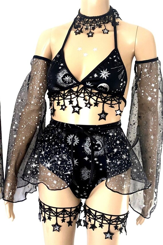 Stars and Moons Galaxy Celestial Rave  Festival Outfit for women Pieces Sold Separately Shrug Bell Bottoms Arm Warmers