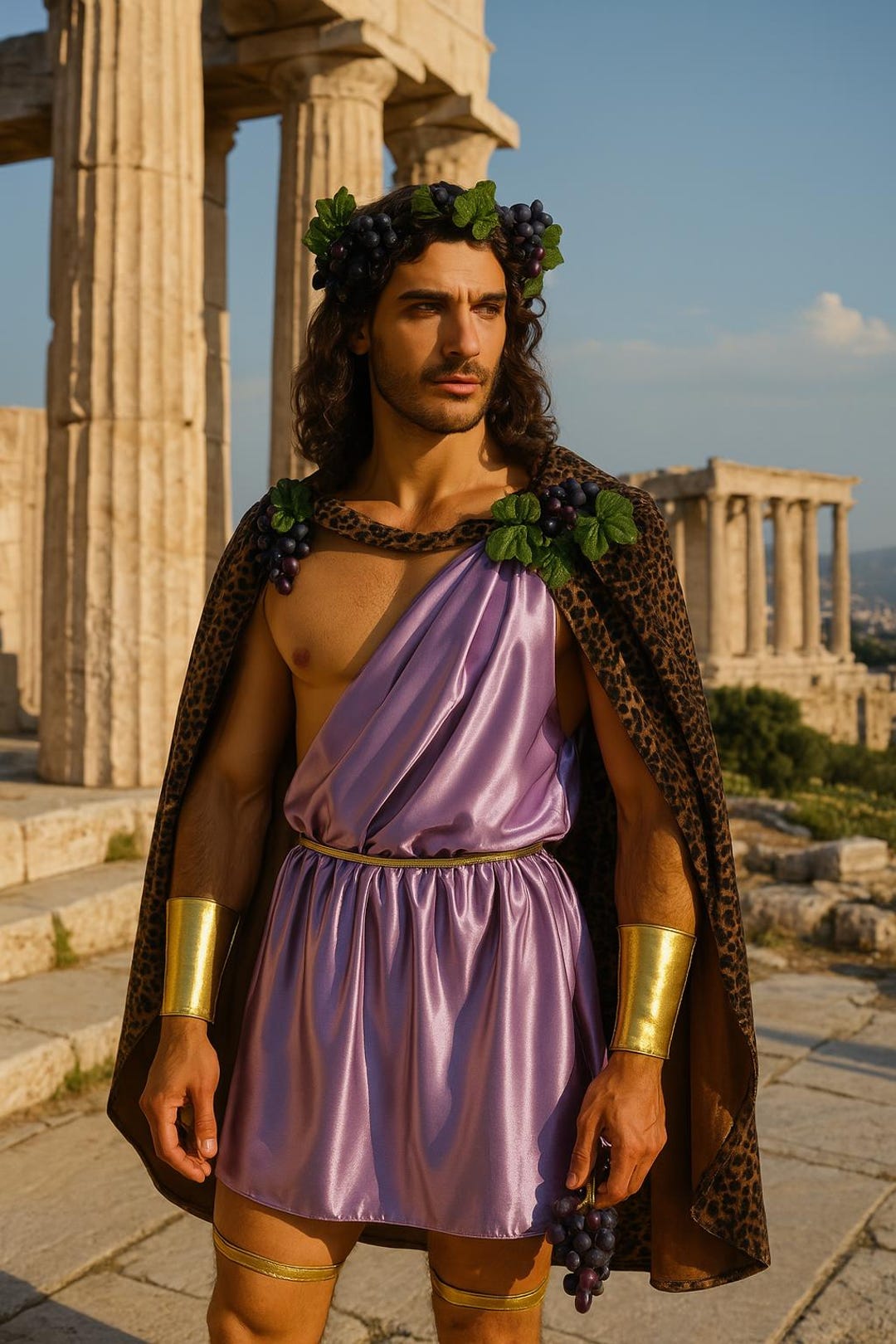 Men’s God of Wine Costume – Dionysus Greek Roman Toga Halloween Outfit with Cape & Headpiece main image 1