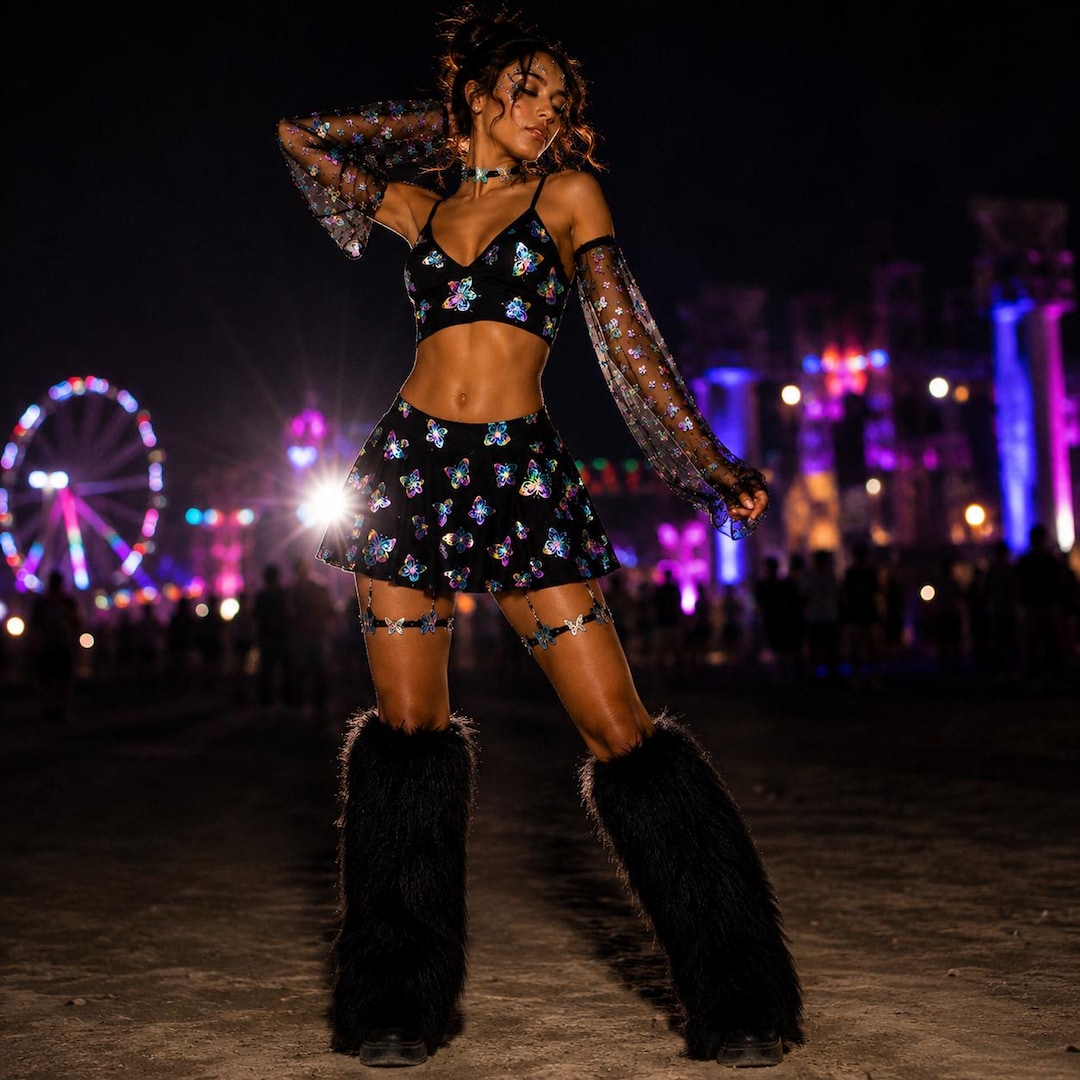 Reflective Butterfly Rave Outfit Festival Set EDM Costume Holographic ...