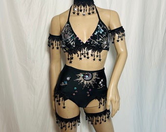 Stars and Moons Galaxy Celestial Rave  Festival Outfit Pieces Sold Separately Leg Garters Bikini