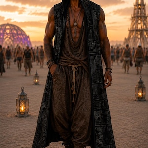 May include: A sleeveless black hooded duster with a textured pattern, worn over a dark brown scoop-neck tank top and matching loose-fitting trousers with a drawstring waist. The outfit is accessorized with layered necklaces and dark boots.
