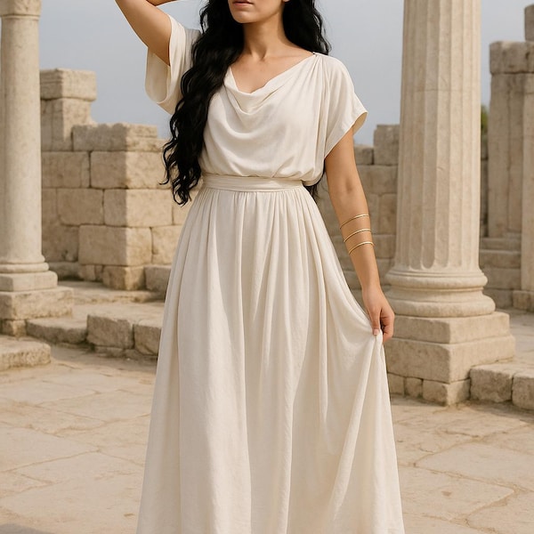 Hexengöttin Kleid - Altgriechisches Kostüm für Frauen mit goldenem Lorbeerkranz-Tunika-Kleid Halloween, Cosplay & Renaissance-Thema Padme