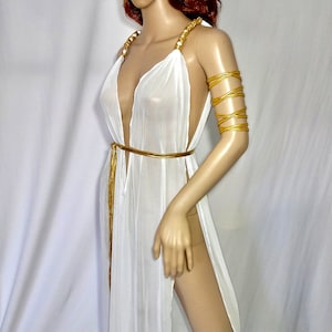 Disfraz de diosa divina griega Glam para mujer traje de oro blanco tren  cinturón de hoja de oro sexy princesa seductora caliente Cosplay Halloween