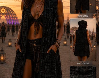 Black Velvet Hooded Duster Vest Festival Clothing Burning Man Outfit Boho Hooded Kimono Sleeveless Festival Vest Deep Pockets