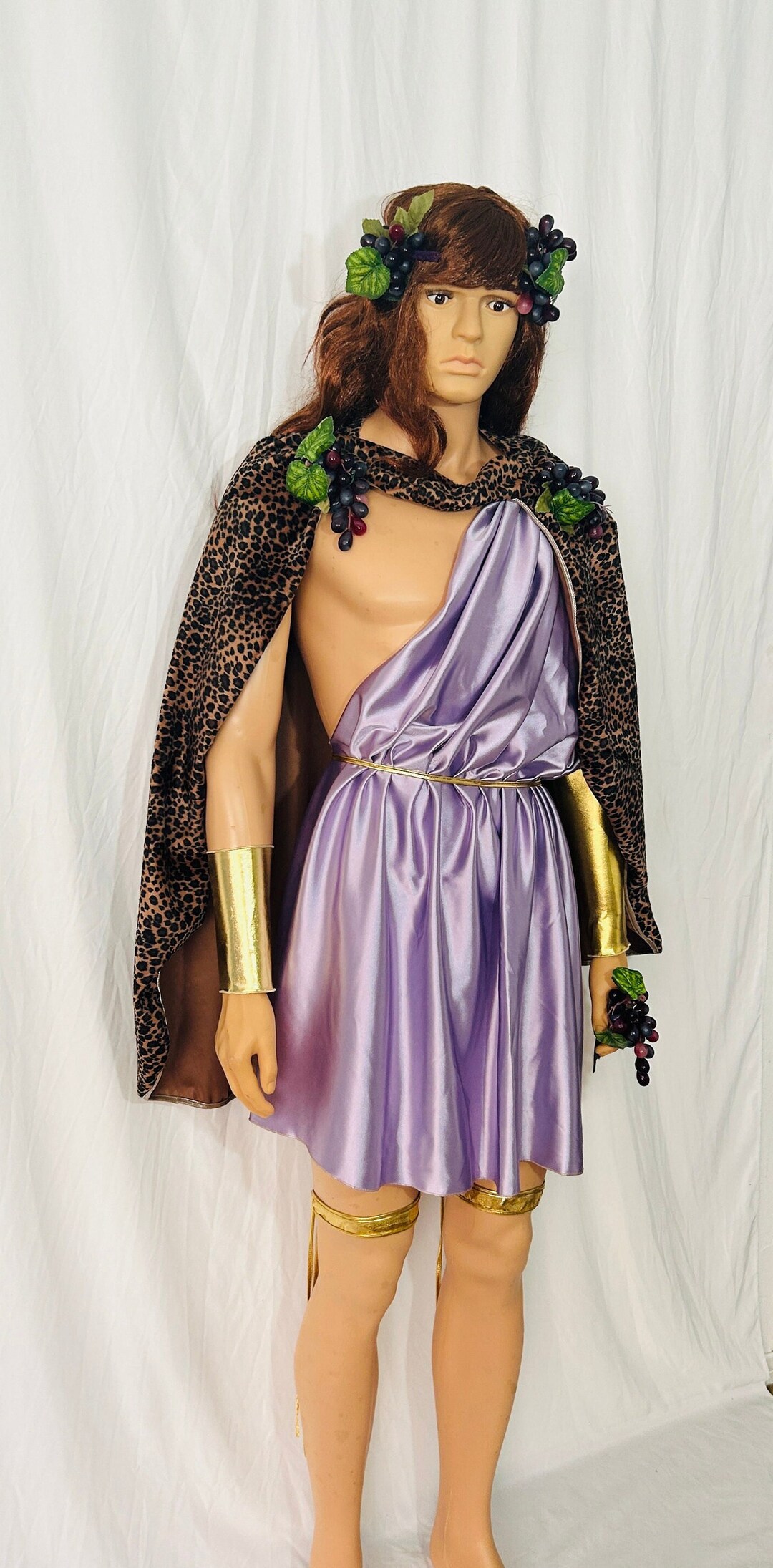 Men’s God of Wine Costume – Dionysus Greek Roman Toga Halloween Outfit with Cape & Headpiece