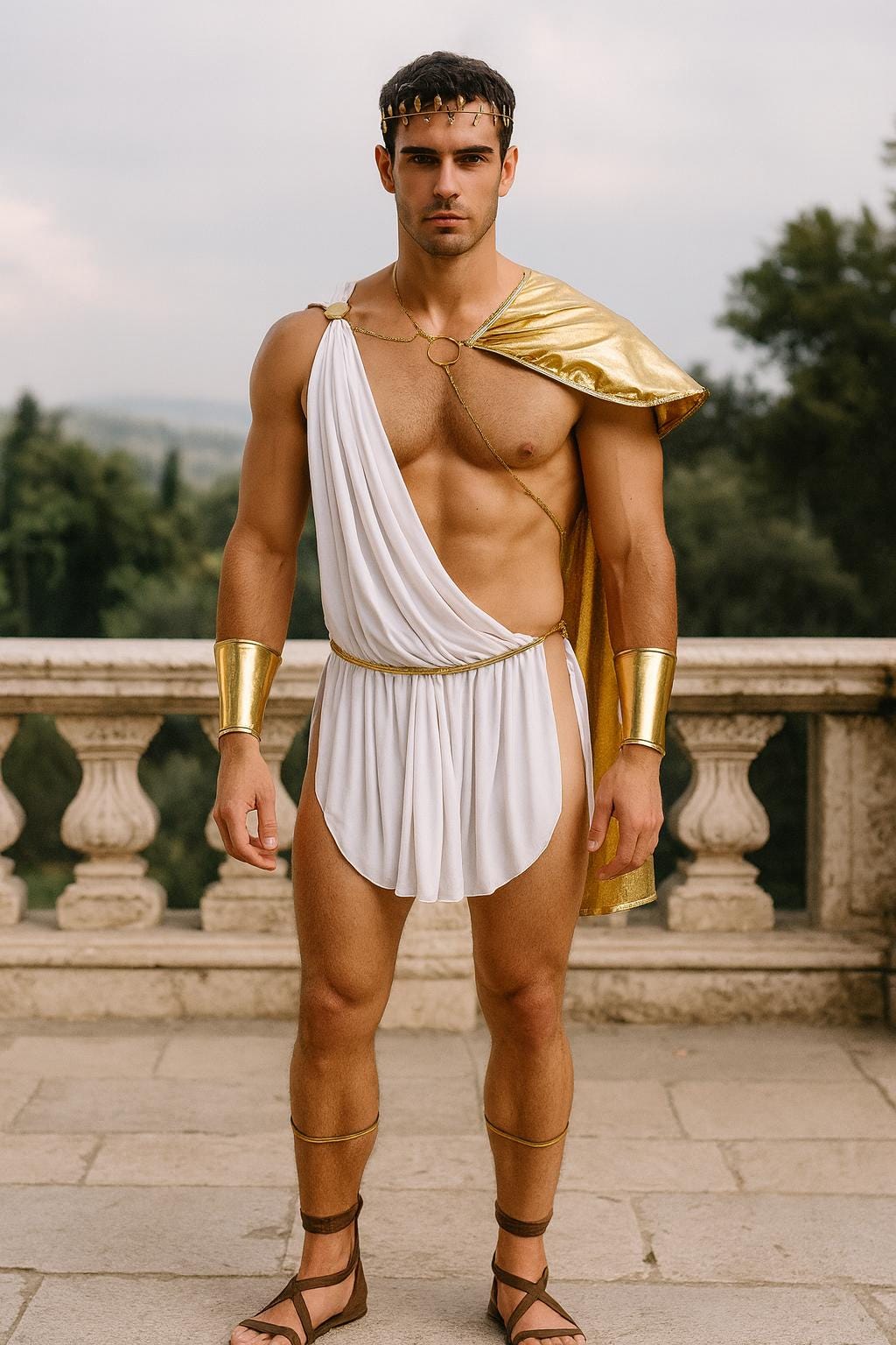 Toga de dios griego antiguo personalizada para hombre. Taparrabos dorado con abertura en el pecho, hombreras, guantes y arnés. Disfraz de Halloween.
