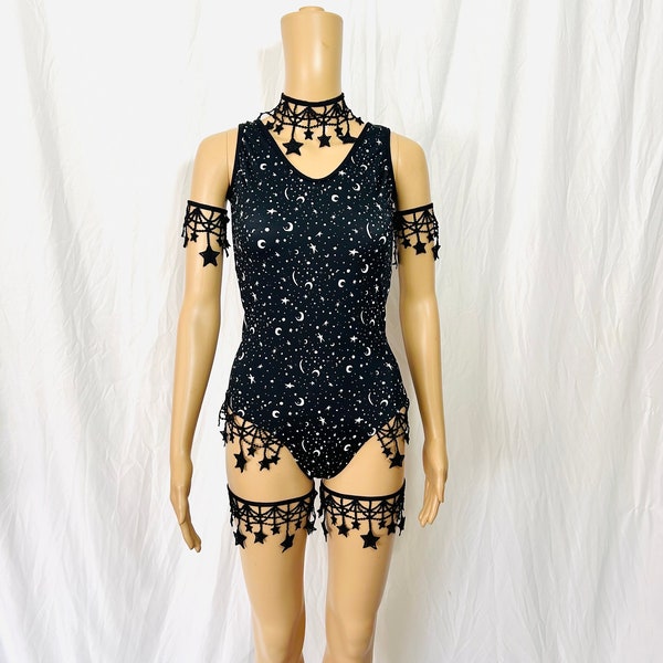 Constellations  Stars and Moons Galaxy Celestial Rave  Festival bodysuit Outfit Arm Tassels Necklace Leg garters