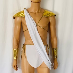 Men’s  Ancient Greek God  Toga. Open Breast Gold Loin Cloth shoulder Drape Gauntlets Harness Halloween Costume