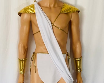 Men’s  Ancient Greek God  Toga. Open Breast Gold Loin Cloth shoulder Drape Gauntlets Harness Halloween Costume