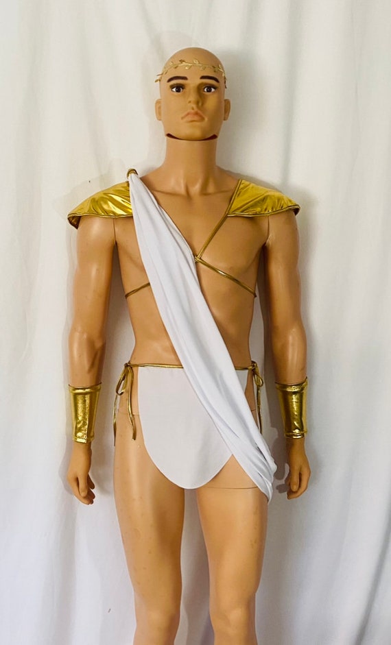 Mens Ancient Greek God Toga. Open Breast Gold Loin Cloth Shoulder