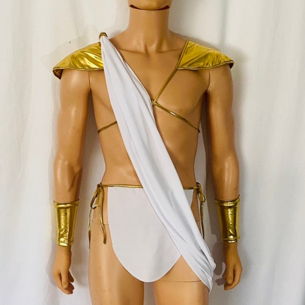 Men’s  Ancient Greek God  Toga. Open Breast Gold Loin Cloth shoulder Drape Gauntlets Harness Halloween Costume