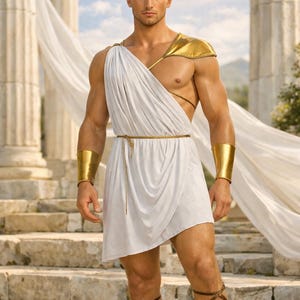 May include: A white toga-style costume with gold accents, including shoulder armor and wrist cuffs. The outfit is accessorized with a gold belt and brown leather leg wraps. A laurel wreath adorns the head, evoking a classical Greek or Roman theme.