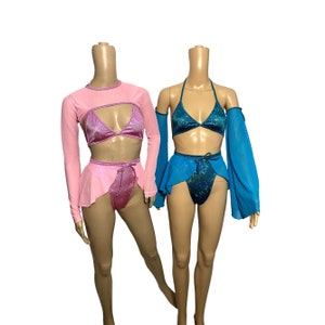 Many Color Options Rave Outfit Festival Set Mesh  or solid Skirt Bikini Shrug Arm Warmer Sleeves  Sold Separately