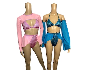 Many Color Options Rave Outfit Festival Set Mesh  or solid Skirt Bikini Shrug Arm Warmer Sleeves  Sold Separately