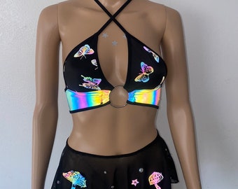 Rave  Party top reflective Festival Shirt Holographic Iridescent With or Without O Ring