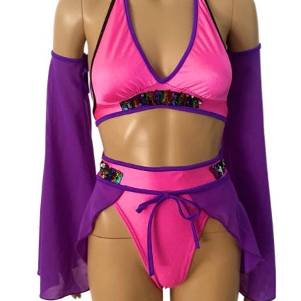 Rave Outfit Festival Set Mesh Skirt Bikini Arm Warmer Sleeves  Sold Separately