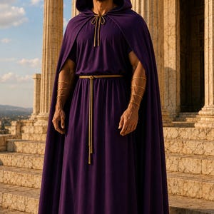 May include: A deep purple hooded cloak and matching floor-length tunic, secured with a thin gold rope tie at the neck and a matching gold rope belt at the waist. The outfit includes gold arm cuffs and a gold laurel wreath headpiece.