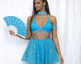 Galaxy Rave Outfit: Celestial Star Skirt, Bra Top, Arm Warmers