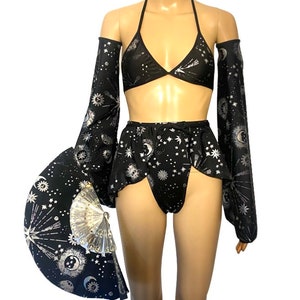 Stars and Moons Galaxy Celestial Rave  Festival Outfit for women Pieces Sold Separately Bell Bottoms Arm Warmers Fan