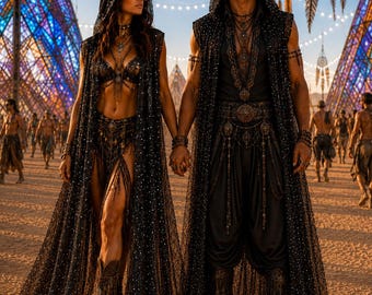 Zwarte pailletten visnet capuchon duster festivalvest voor mannen en vrouwen rave kostuum doorschijnende mesh glitter cape Burning Man outfit boho festivalkleding