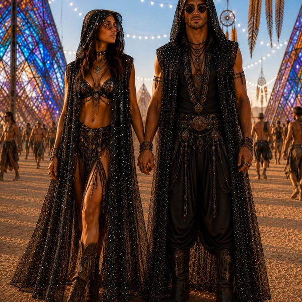 Black Sequin Fishnet Hooded Duster Festival Vest Men Women Rave Costume Sheer Mesh Sparkle Cloak Burning Man Outfit Boho Festival Wear