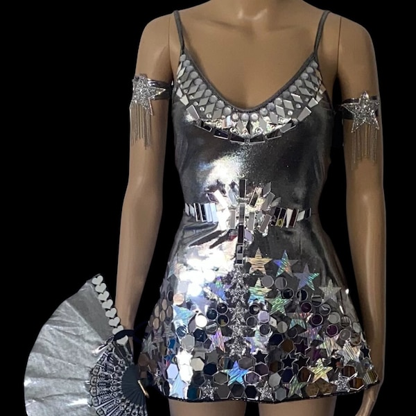 Mirror Dress Skater  Rave Festival Outfit Futuristic Disco Ball Umbrella Fan Boot Wraps