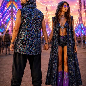 Hooded Festival Duster Vest Psychedelic Velvet Kimono Burning Man Outfit Sleeveless Cloak Resort Wear