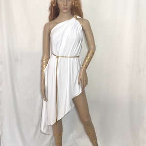 White asymmetrical toga dress with gold belt, gold shoulder tie, 2 gold snake like arm/leg wraps and gold leaf crown.
Toga has on exposed shoulder and goes down on one side to mid calf