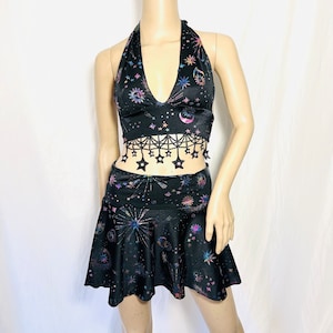 Stars  and Moons Galaxy Celestial Rave  Festival Halter Top and Skater Skirt Separates