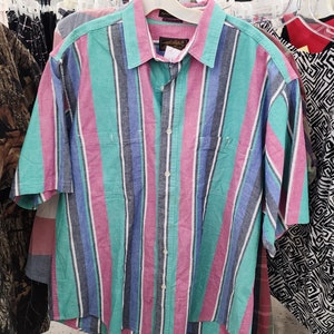 Mystery 90's Vintage Style Short Sleeve Shirt Button Down Stripe Brush Popper Dad Patterned Denim Pearl Snap Funky Colors image 1